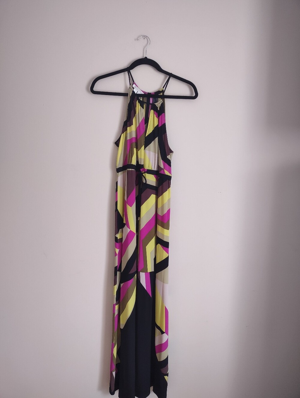 London Times Geometric Print Halter Maxi Dress Size 10 Pink Yellow Black